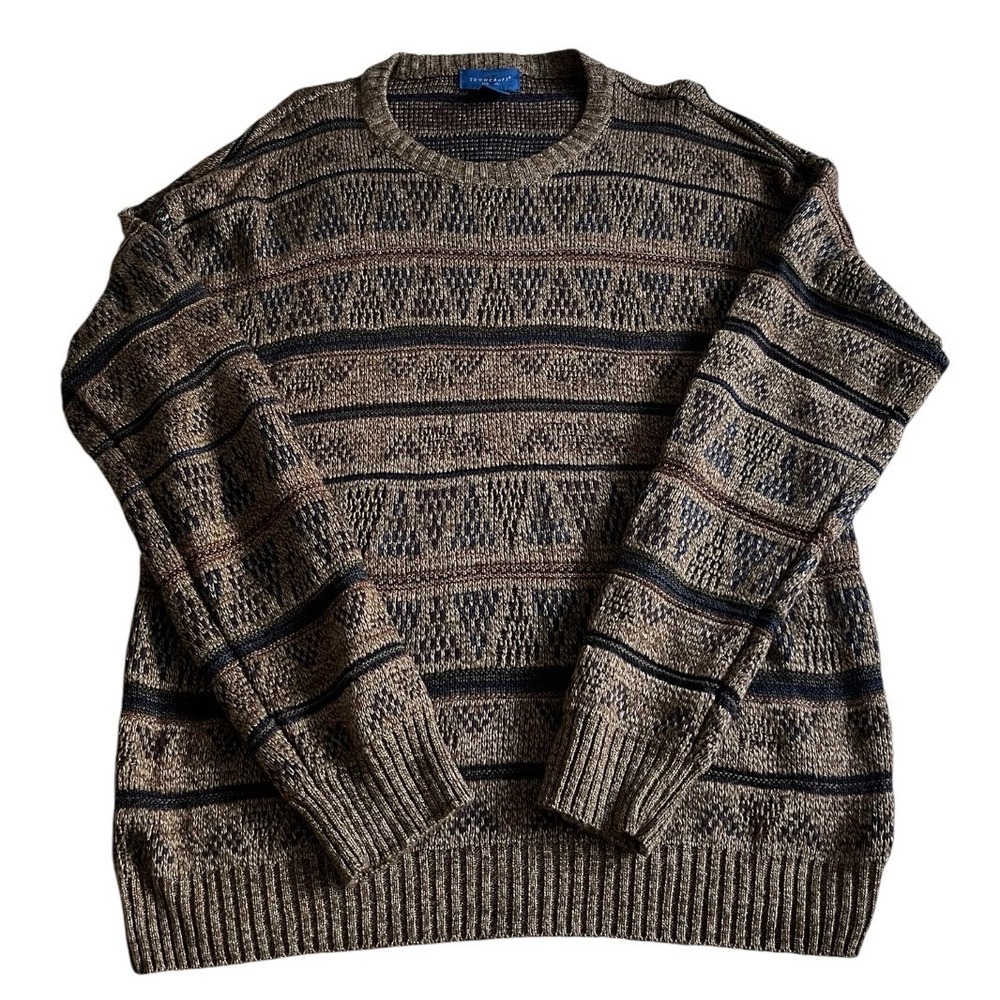 Vintage Towncraft Sweater Mens Large Geometric Knit Crewneck Pullover Brown